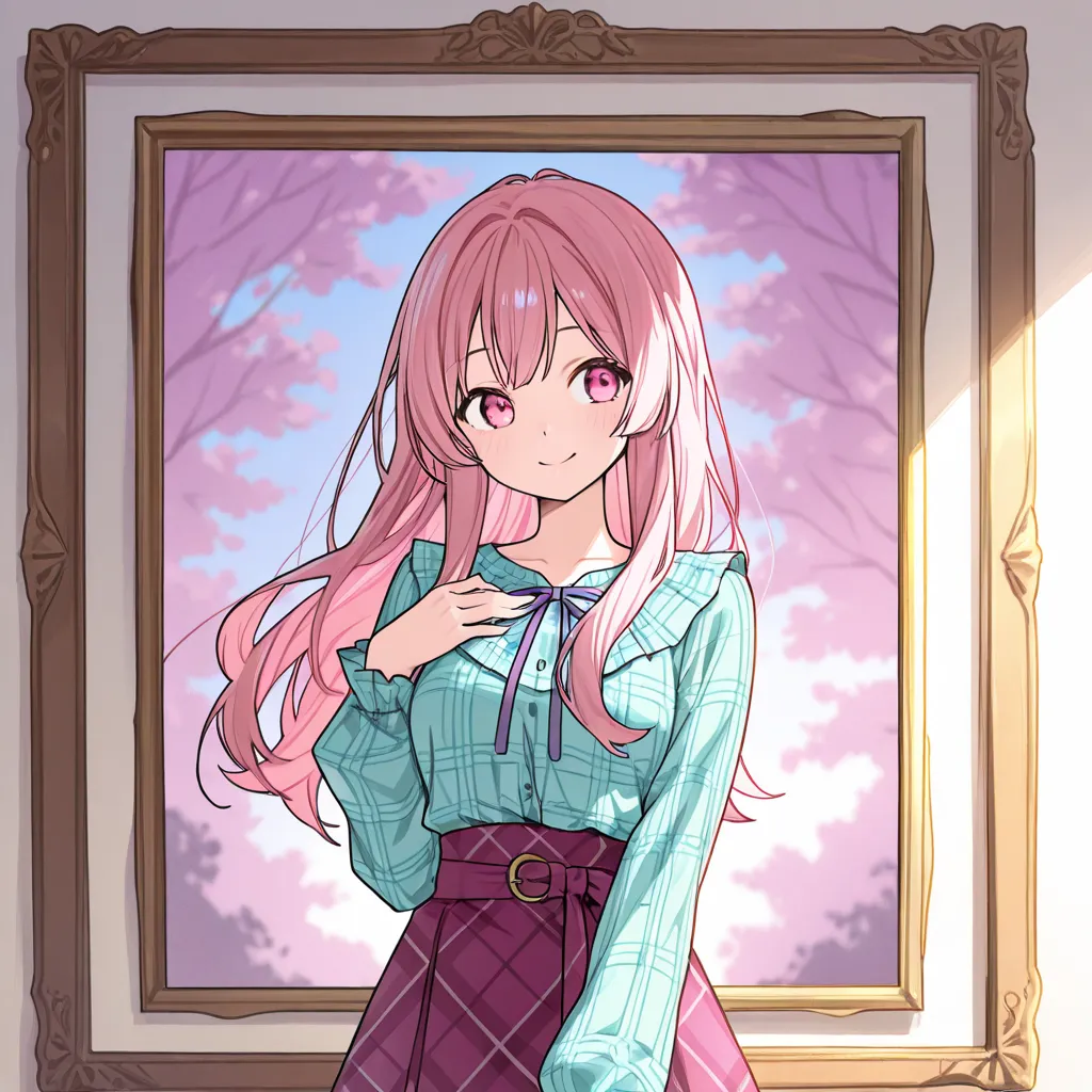  long、long hair, pink hair, smiles, pink eyes, standing up picture, anime, anime風,light blue and teal plaid long sleeve shirt,big purple ribbon,beautiful woman、The feeling of looking into