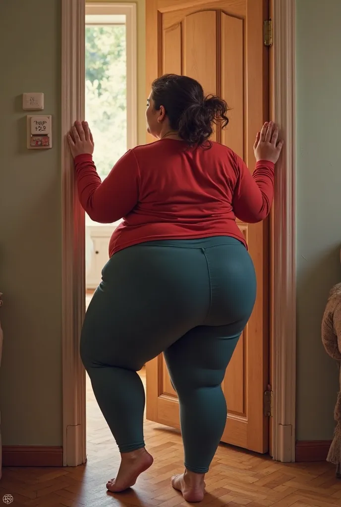 masterpiece , 1 tall girl, gordo, British ssbw with a heavy butt , 30 YEARS, behind a threshold , from behind, (door stuck , stuck:1.3), big belly , Wide and wide hips, huge butt, muslos gruesos, colorful clothes , She wears a red shirt and leggings pants ...