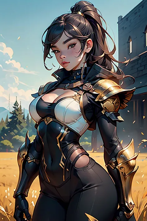 Medieval female warrior princess, (Hailee Steinfeld),ha1leest-smf, beautiful face, form fitting heavy armor(black and gold), athletic physique, exposed thighs, breast plate, long black hair, hazel eyes, cleavage, background open field, beautiful detailed e...