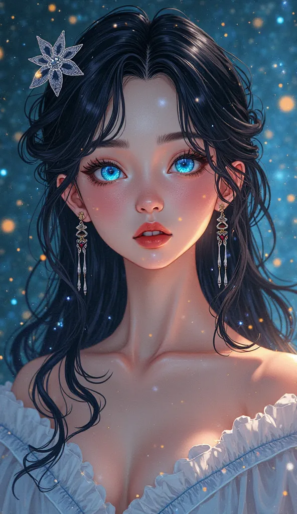 A highly detailed modern manhwa-style illustration of a young woman with ethereal beauty. She has a delicate, heart-shaped face with a softly tapered chin, high cheekbones, and a gently curved jawline that enhances her elegant appearance. Her deep, express...