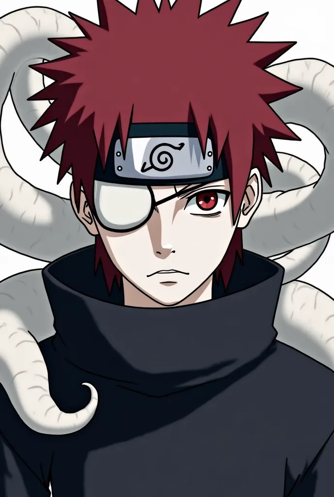 Naruto character, male, white scaly skin, dark-red hair, brown eye, but has only 1 eye the other eye has an eyepatch instead.  2 white snake in the background. Give him also a headband with Konoha's symbol on it. Give him a black coat too.