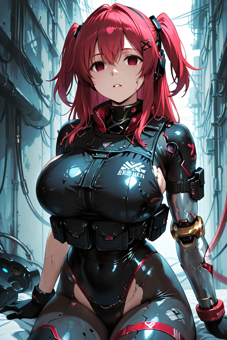  Hair、empty eyes、(Bulletproof vest)、cute、( cyborg)、Damaged Mecabody、Damaged Machine Arm、((very big breasts))、sexy、anime style、high image quality during sick leave、high quality