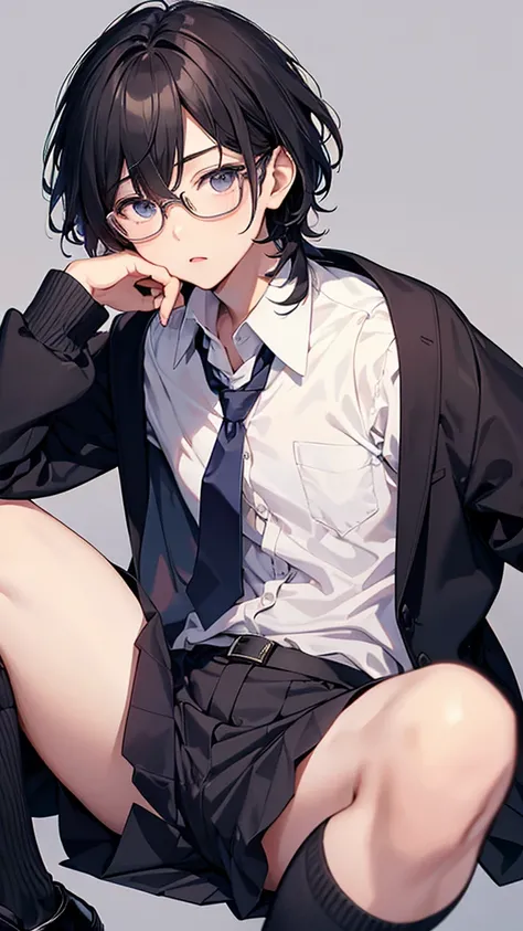 A boy with a neutral face、Glasses、 cute、 school uniform、 tie、 soft lips 、小さな胸