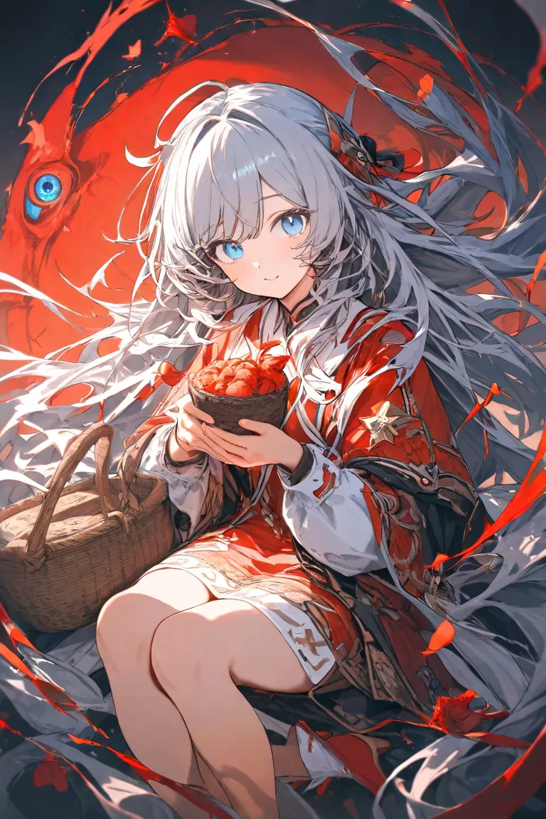 masterpiece,top quality,Super Detail,8k,A girl with a basket　 long gray hair on human hands　blue eyes　unkempt　Red Shoes　Red Bird　simple background