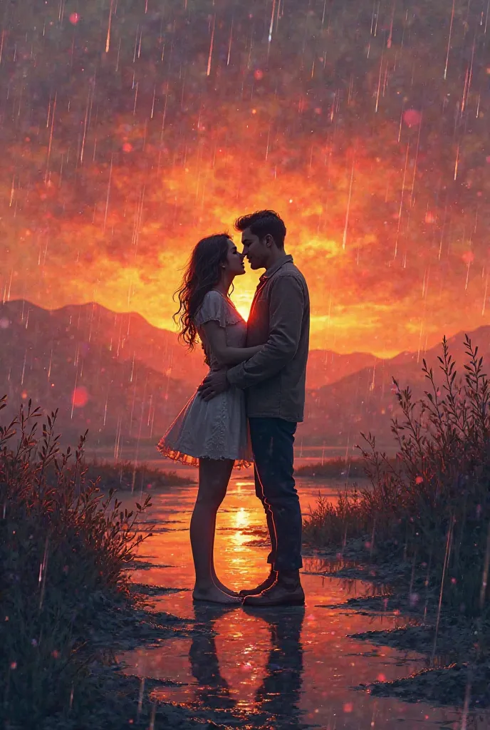 Winter couple rain solute in sunset