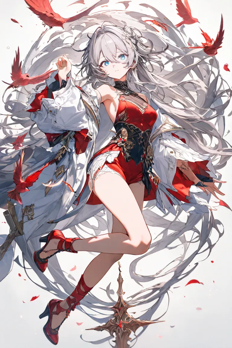 masterpiece,top quality,Super Detail,8k,A girl with a birdcage　 long gray hair on human hands　blue eyes　unkempt　Red Shoes　Red Bird　simple background