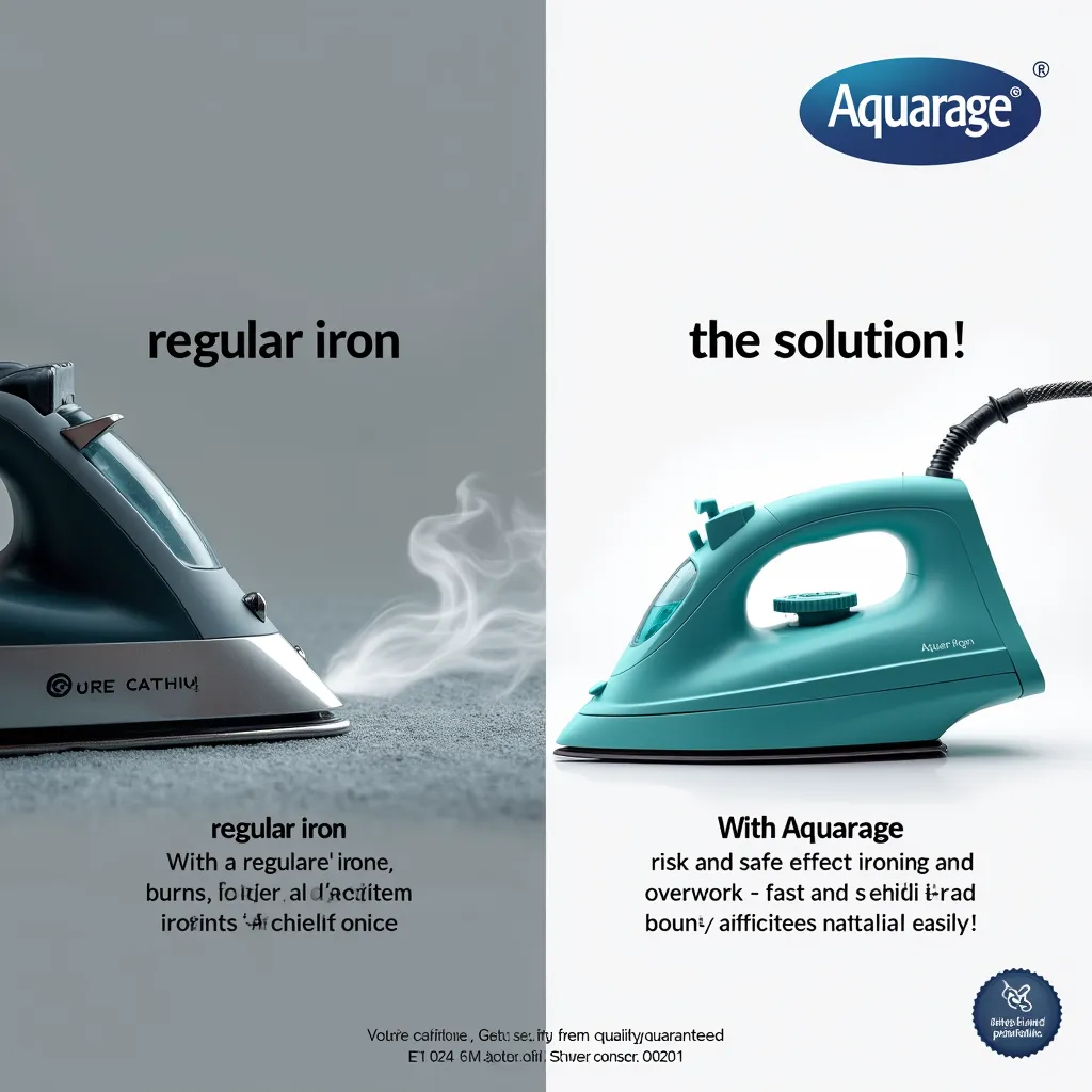 Divide the design into two halves:

Left half: Shows a regular iron (no brand name) with its problems.
Right half: Shows an Aquarig iron with its advanced features.
Left half (regular iron – problem):
Image of a regular iron directly on the fabric, with a ...