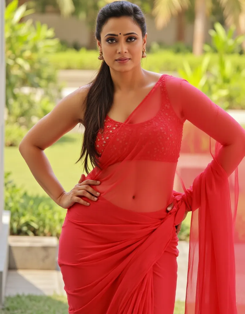 indian slim aunty with long tied hair, thick breast, thick hip, thick ass, thick thighs, woman wearing Georgette transparent saree no blouse, sweating lot, sweat drops visible, deep belly button, nipple popping out. Erotic image