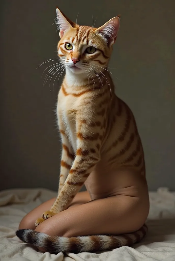 Naked with beautiful tabby body, kneeling in front