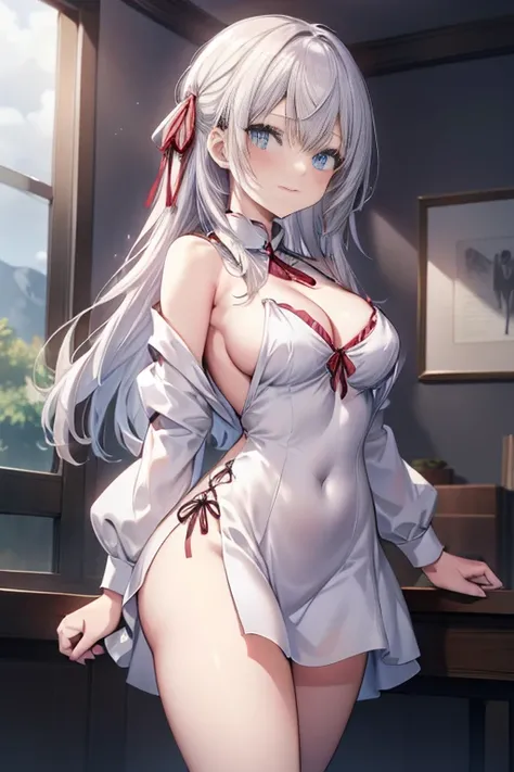 Alisa Mikhailovna Kujo、,smile、 Silver Hair、blue eyes、 red tight dress、Sexy thighs from slits、beautiful legs、Usual hairstyle、top quality, High Resolution, Unity 8K Wallpaper, (shape:0.8), (beautiful and beautiful eyes:1.6), Highly Detailed Faces, perfect li...