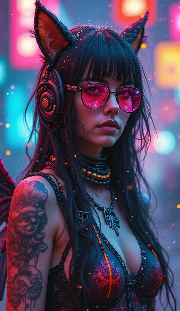 Cleopatra dressed as a spiderman, hipster, in the tattoo , full length, cat, cyberpunk 2077, лицо in the tattoo ,  cybernetic,  with wings , in a cyberpunk, Cybergirl , magical beauty, neon, neonовые частицы, хлопья  snow а,  snow , magic,  magical beauty 