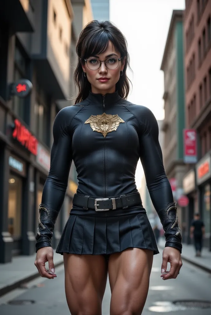 a highly detailed, high-contrast professional photograph of a striking female superhero inspired by Marvel, featuring bulging muscles, a petite nose, bright blue eyes, and a soft, endearing smile, clad in a tight, pleated mini skirt that showcases her tone...