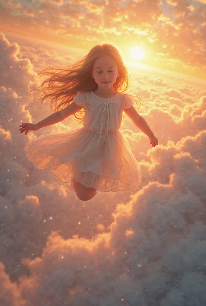 A cute girl flying above the sky with a beautiful sunset