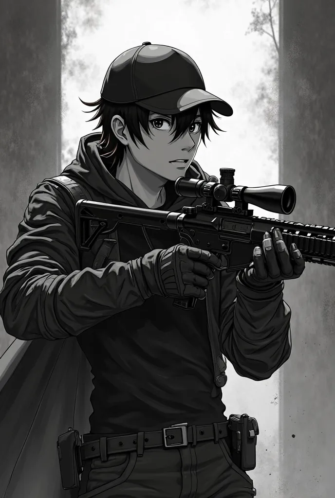 Generate me a 19 year old handsome anime boy,wearing an bullet proof armor and black cap,holding a sniper,black and white novel anime style