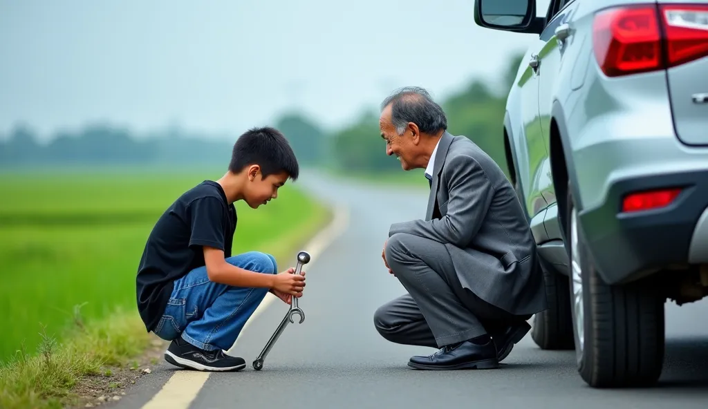 A roadside scene in rural Vietnam. A young Vietnamese boy in a black T-shirt and blue jeans kneels on the ground, concentrating on changing a tire on a silver SUV. He holds a wrench in both hands as he tightens the bolts. An older Vietnamese man in a tradi...