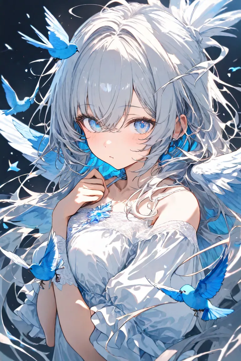 masterpiece,top quality,Super Detail,8k,girls　 long gray hair on human hands　blue eyes　unkempt　white blouse　simple background　A blue bird is perched on my shoulder　Bird wings flutter