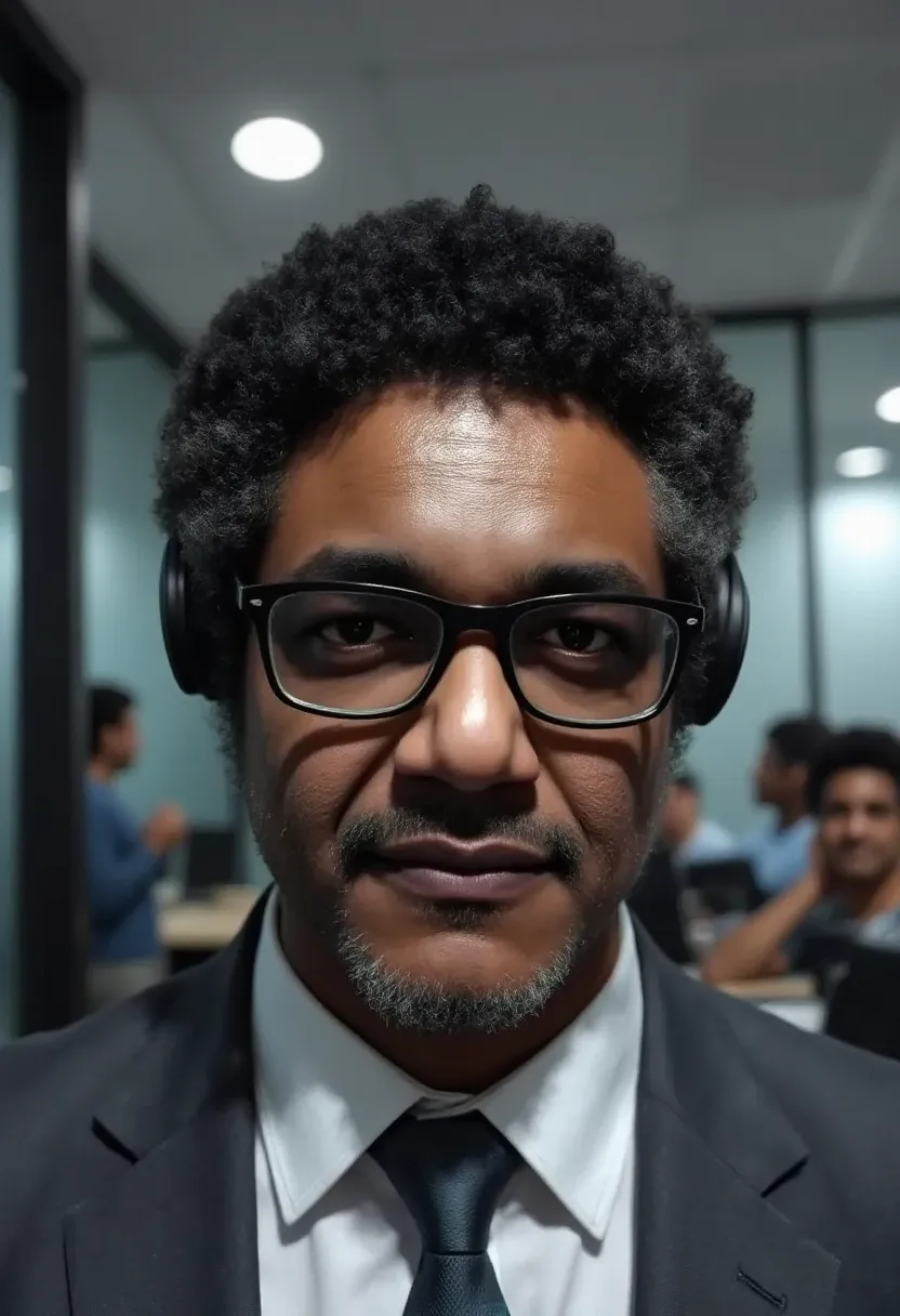 black man in formal clothes, Detailed face, stylish rectangular glasses serious expression, Nagô braid/long and thick dreadslocks,  confident stance,  corporate environment, modern office, blurred background, dramatic lighting, photographic style, high res...