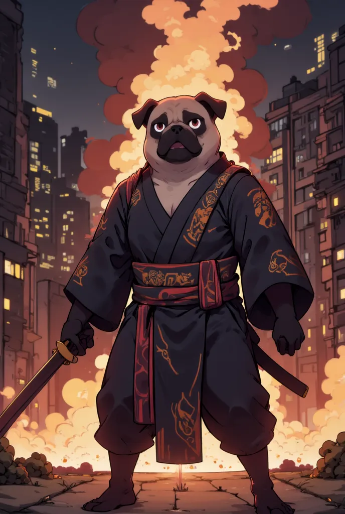 dynamic anime-style illustration of a pug samurai standing heroically in a traditional kimono, holding a katana with a determined expression. The setting is a dark night cityscape, with towering skyscrapers. In the background, fierce flames rise dramatical...