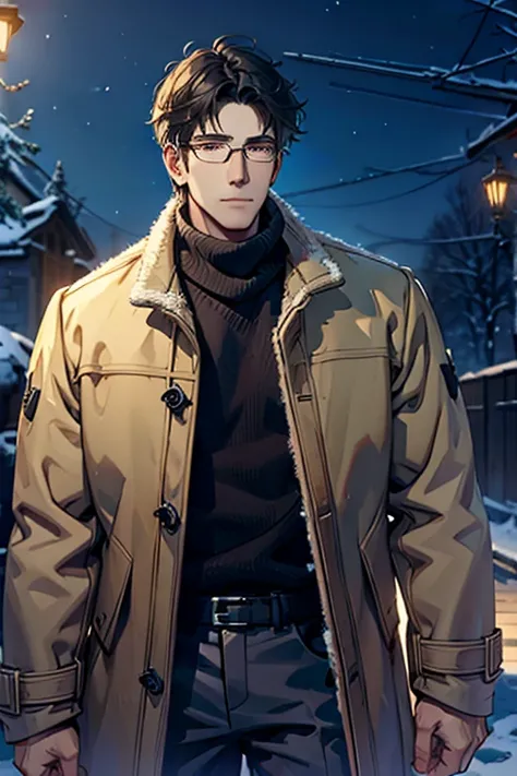 waist shot, male, middle-aged man, tough, black hair, glasses, white eyes, muscular, brown winter coat, black sweater