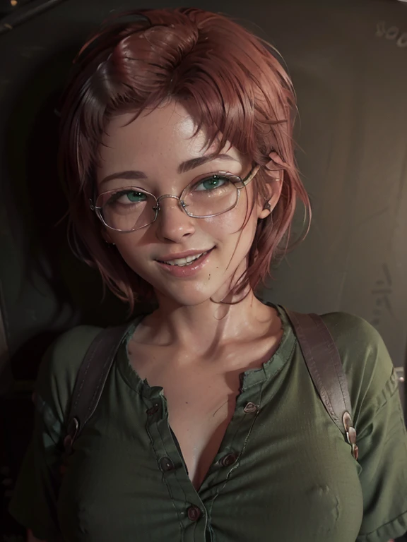 close-up, upper body. (green eyes:1.6). (short player, red hair:1.6). (diopter glasses with metal frames:1.6). ( green shirt with buttons:1.6). Size 2 breasts. ( smile:1.6) girl  (against a blackboard :1.6). ( Masterpiece , top quality shirt, best quality,...