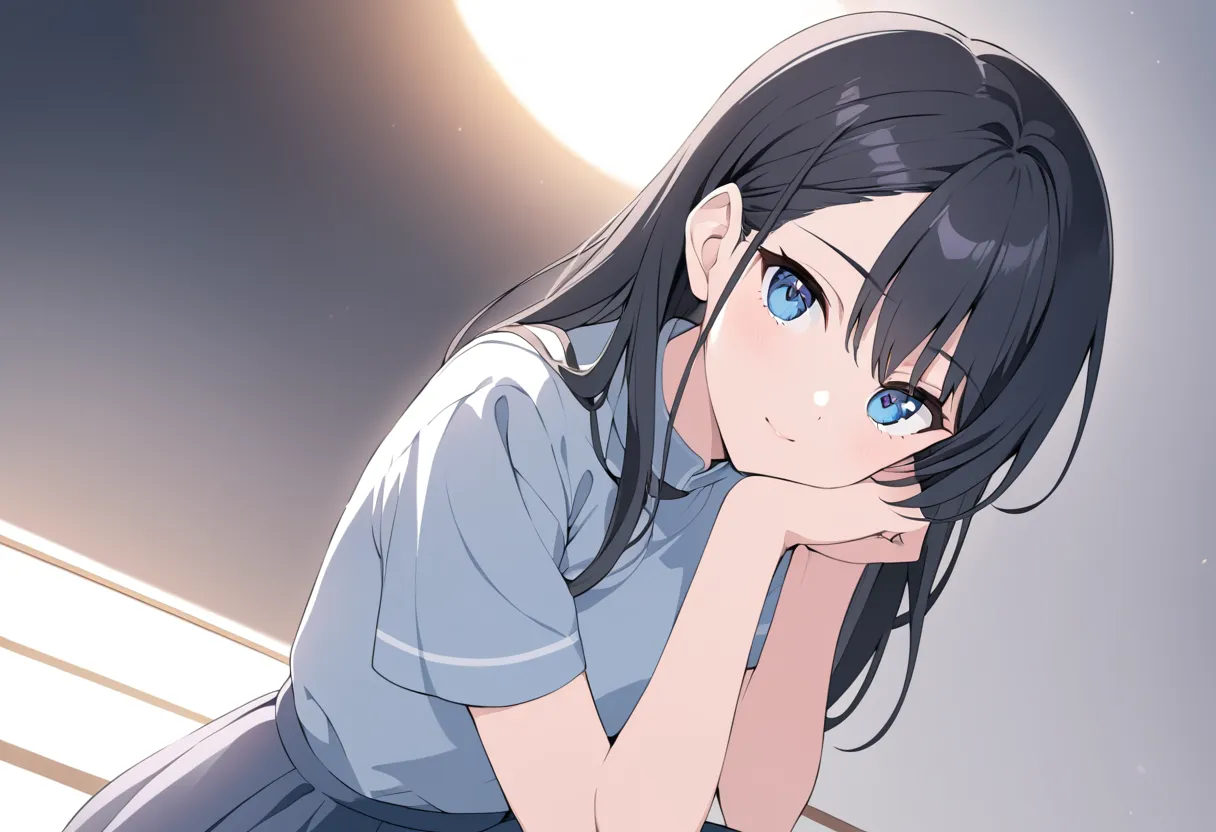 "High-quality anime-style illustration, 1girl, solo, beautiful 20-year-old girl, long flowing black hair, striking blue eyes, calm and thoughtful expression, looking at the viewer with a gentle and considerate gaze, hands resting softly at her sides or sli...