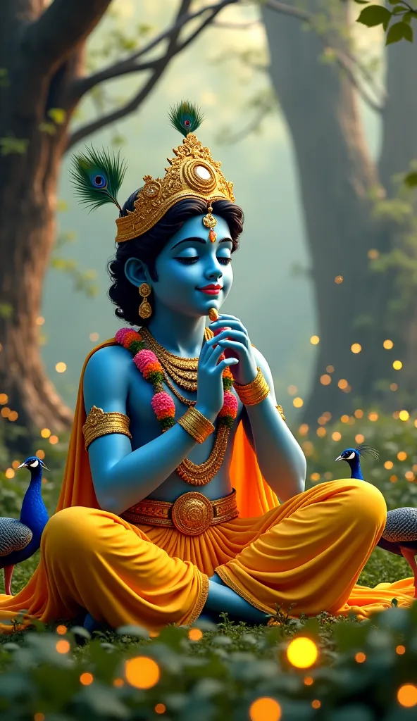 highly detailed, ultra-realistic image of Lord Krishna sitting peacefully in a lush, enchanted forest, surrounded by glowing fireflies. He has a soft blue complexion, serene facial expression, and is dressed in traditional golden-yellow attire with intrica...