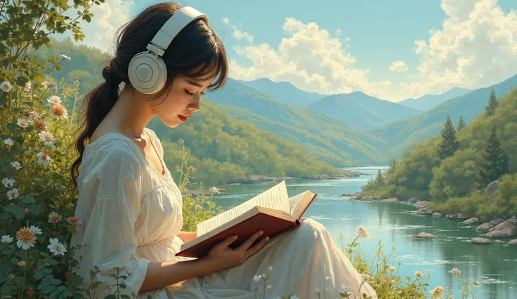 Image of beautiful young girl reading book listening to music, poetic natural scenery, inspirational