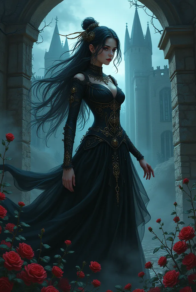 Japanese anime style, Female necromancer, darkness, old castle,A world surrounded by black roses 