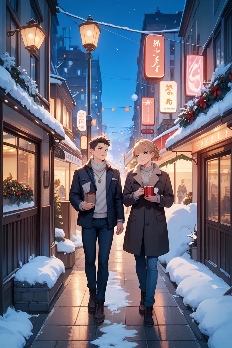 A winter night in the city, illuminated by neon lights. The buildings and streetlights create a romantic atmosphere. A thin layer of snow covers the sidewalk, and subtle Christmas decorations add warmth to the scene. Two men walk side by side—one in a styl...