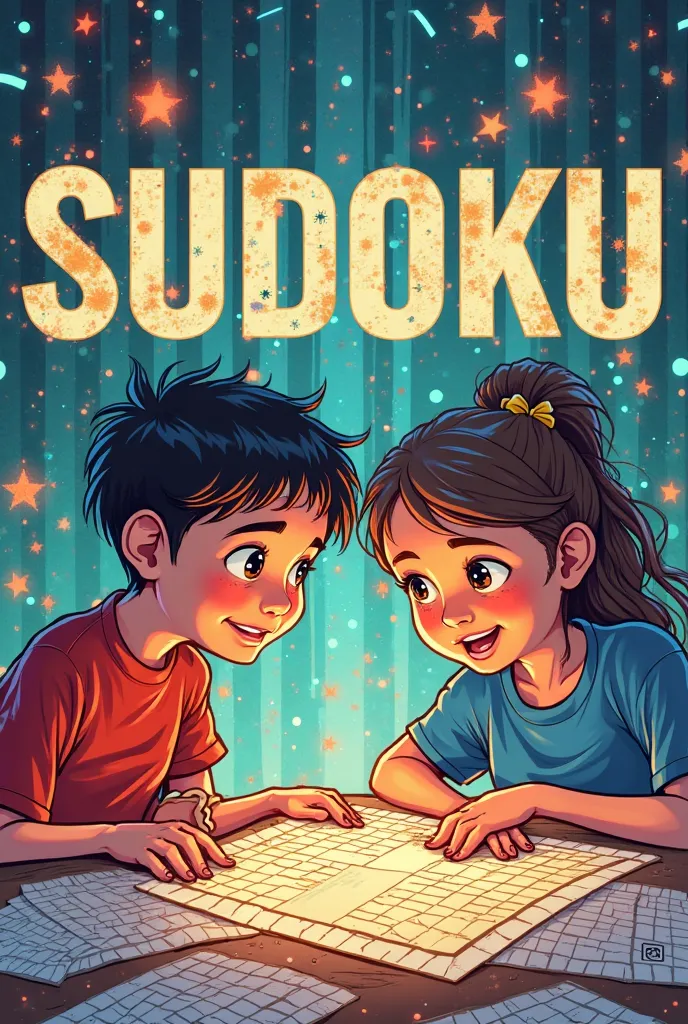 Sudoku book cover for ren. The cover must contain the word Sudoku in large. It must contain both 4x4 and 6x6 sudokus. drawing of a boy and a girl