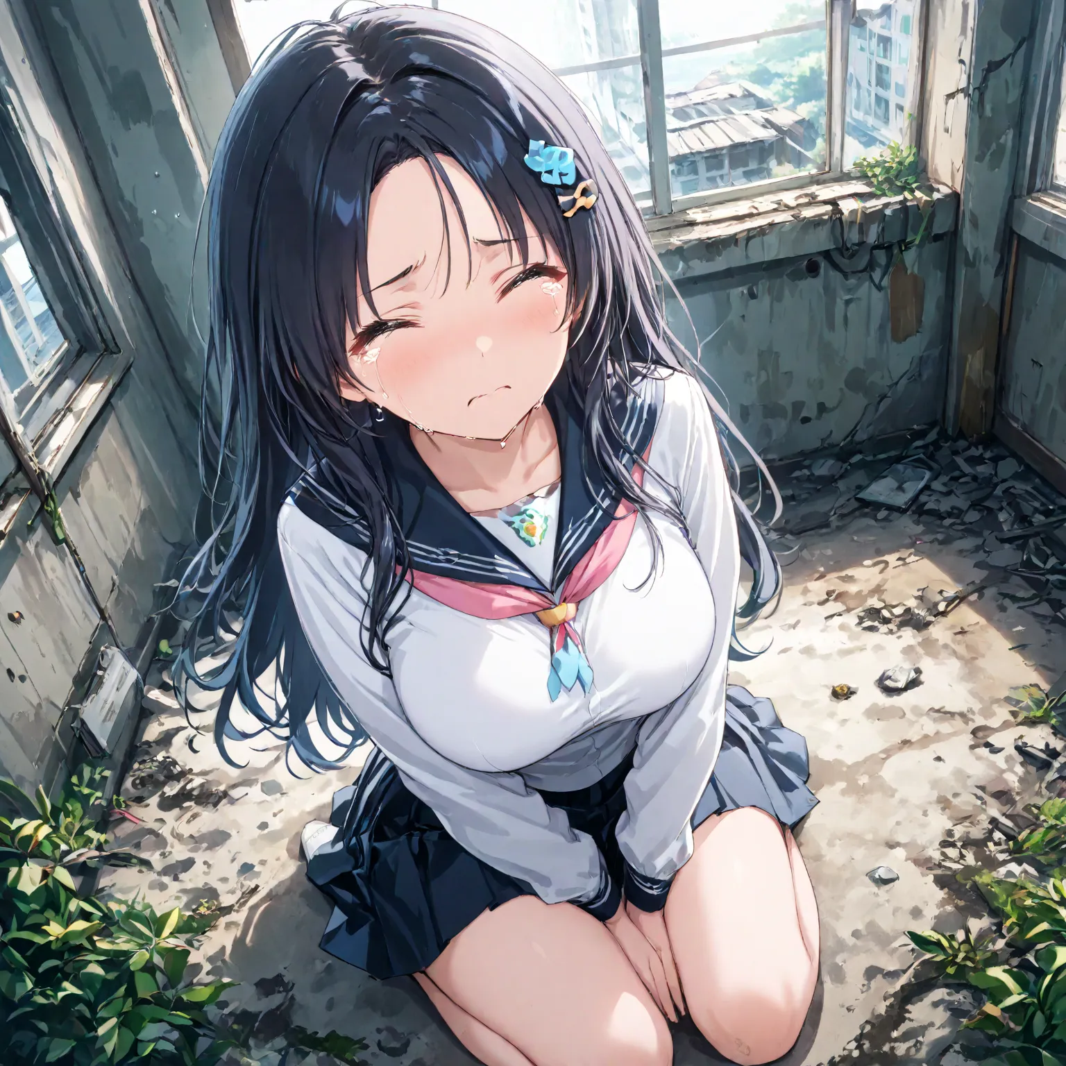 masterpiece,large breasts, long hair, (black hair1.5) , bangs, （1girl1.5）, 青リボン、Blue hairs ornament, 18 years old, ，(school uniform,), upset, crying, abandoned building, from above, full body、seiza