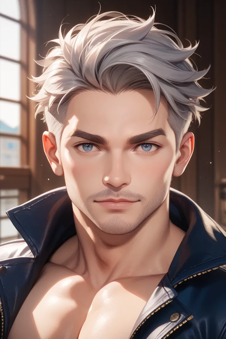 Japanese male about 45 years old
Hairstyle　mix gray hair and make it very short and slender
The outline is the length of the face
Eyes are double droopy eyes
Eyebrows are thick
Is the bridge of the nose going through
Beards are connected to sideburns
muscu...