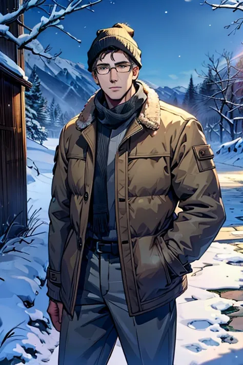 waist shot, male, middle-aged man, tough, black hair, glasses, white eyes, muscular, brown winter coat, gray beanie, hands in pocket