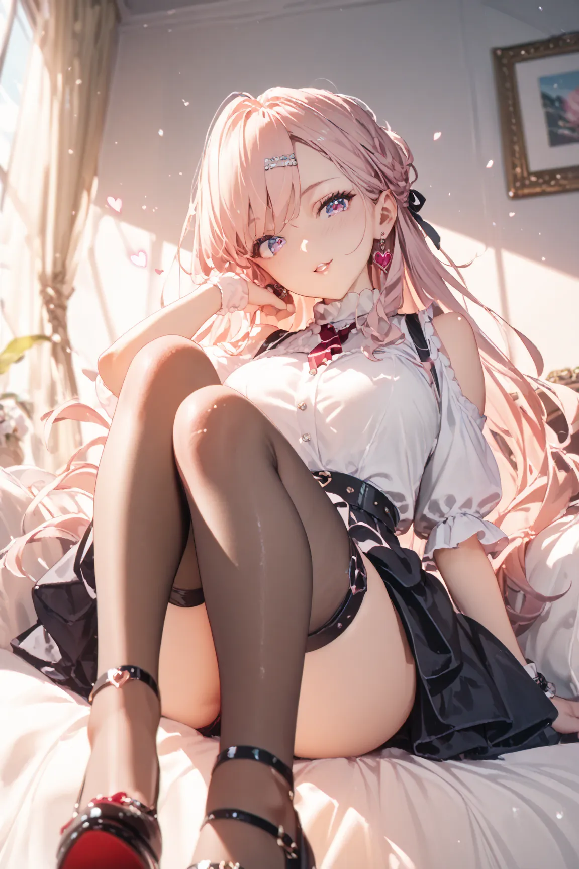 miniskirt　薄い緑色の髪　black thigh high knee high socks　 beautiful feet　enhances the skirt　my eyes are hearts　