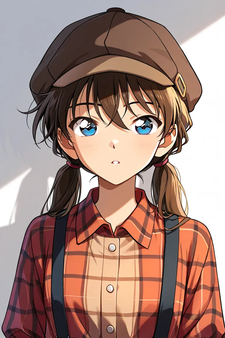  anime digital artwork, inspired by “Detective Conan”.  a stylized portrait of a person. The subject has fair skin and blue eyes, with long brown hair styled in pigtails. They are wearing a black beret and a plaid shirt with suspenders. The background is a...