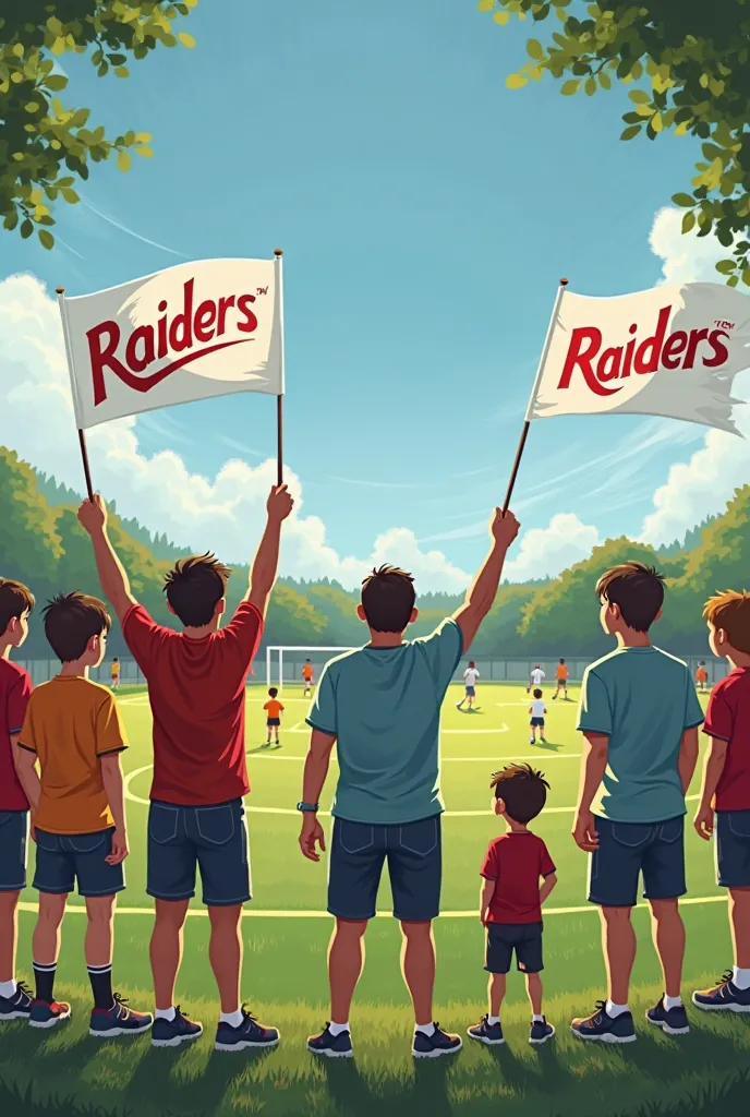 A group of dads from behind, watch their s s playing soccer on a soccer field. The dads are waving white flags that have the word "RAIDERS" written on them