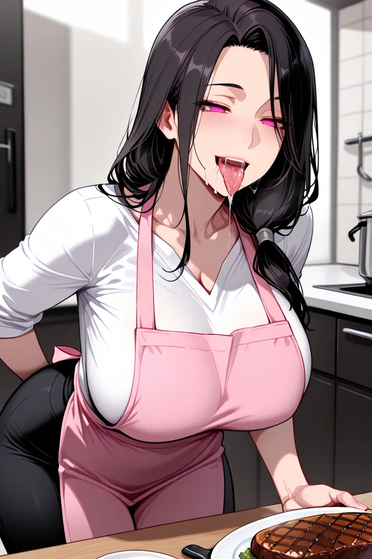 best quality,solo,a beautiful woman,matured female,black hair,long hair,large breasts,white shirts,baby pink apron,glowing pink eyes,empty eyes,half closed eyes,leaning forward,BREAK,smile,open mouth,tongue out,long tongue,(drooling:1.25),(saliva), saliva ...