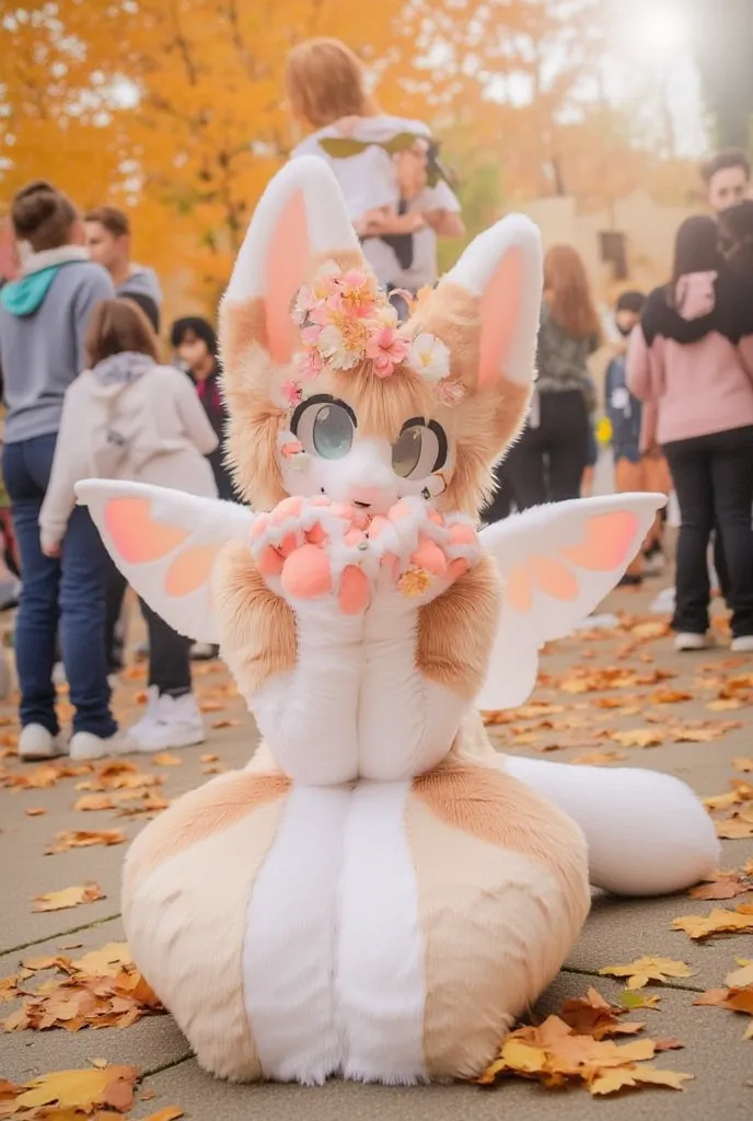 posing cute autumnal fennec fox girl, eyeshadow, long light brown hair, flower crown, in a convention center, with angel wings, ears piercings, hands over her mouth