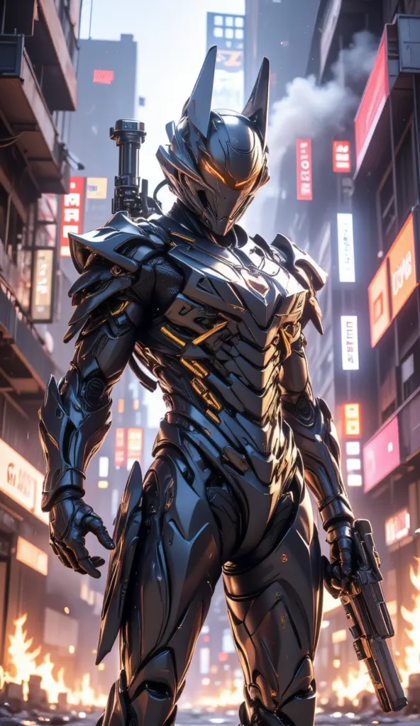 A futuristic soldier standing in the middle of a burning city, with his back facing the viewer, turning to the side while holding a gun in one hand. The soldier wears cutting-edge armor with advanced technology and a mask equipped with a heads-up display (...