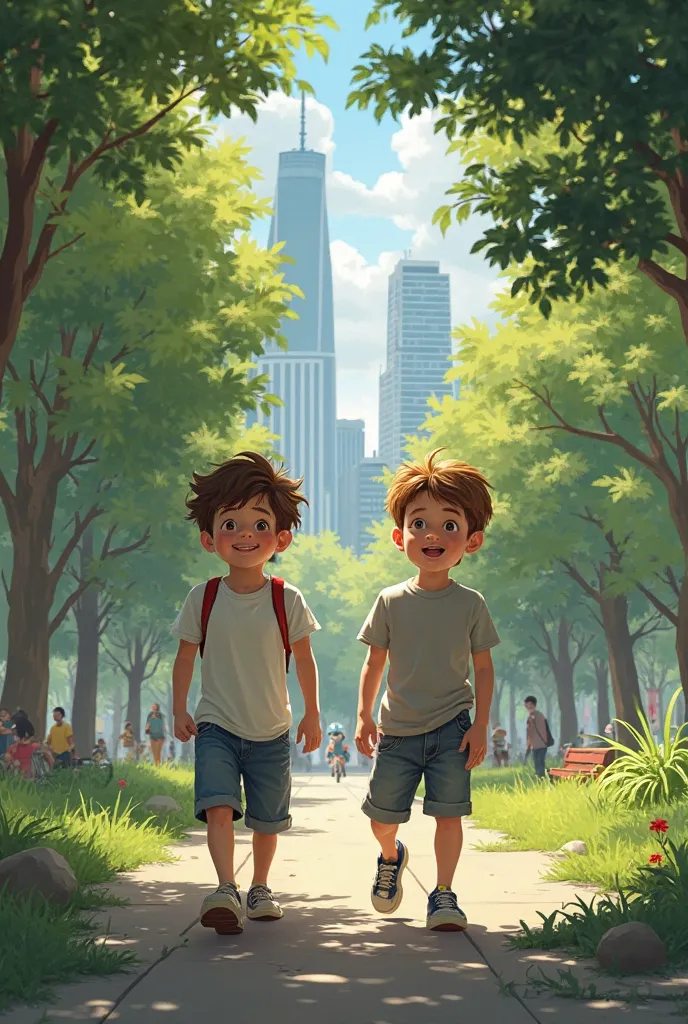 Two boys walking in a peaceful place enjoying in the middle of a city