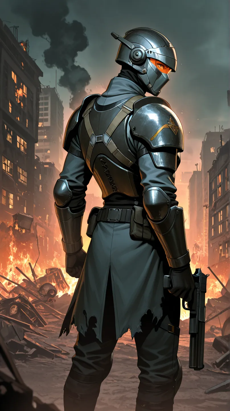 A futuristic soldier standing in the middle of a burning city, with his back facing the viewer, turning to the side while holding a gun in one hand. The soldier wears cutting-edge armor with advanced technology and a mask equipped with a heads-up display (...