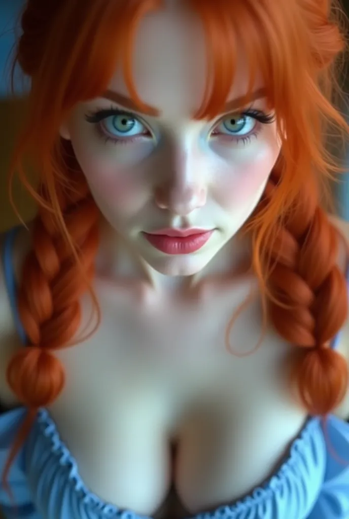 a close up of a woman with red hair and a blue dress, hyper Realistic, photoRealistic,  Erza Scarlet as a real person ,  anime 3D Realistic , photoRealistic girl render, anime cgi , Realistic, Realistic - anime, anime girl in real life, Realistic 3 d style...