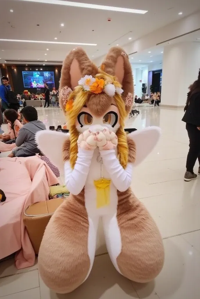 posing cute autumnal fennec fox girl, eyeshadow and eyelashes, long light brown hair, flower crown, in a convention center, with angel wings, ears piercings, hands over her mouth, orange eyes