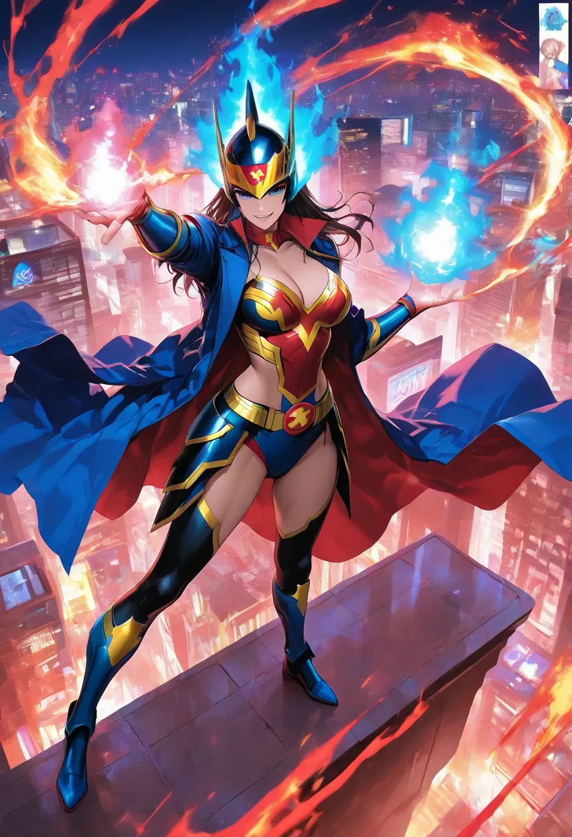 full body, Anime superwoman wearing the epic red Cosmic Flame armor Susano'o, wonder woman wearing burning blue coat, Superman logo in belt, smiling with seductive pose, the armor looks like Kunoichi and Wonder Woman combined, bikini armor, large breasts, ...