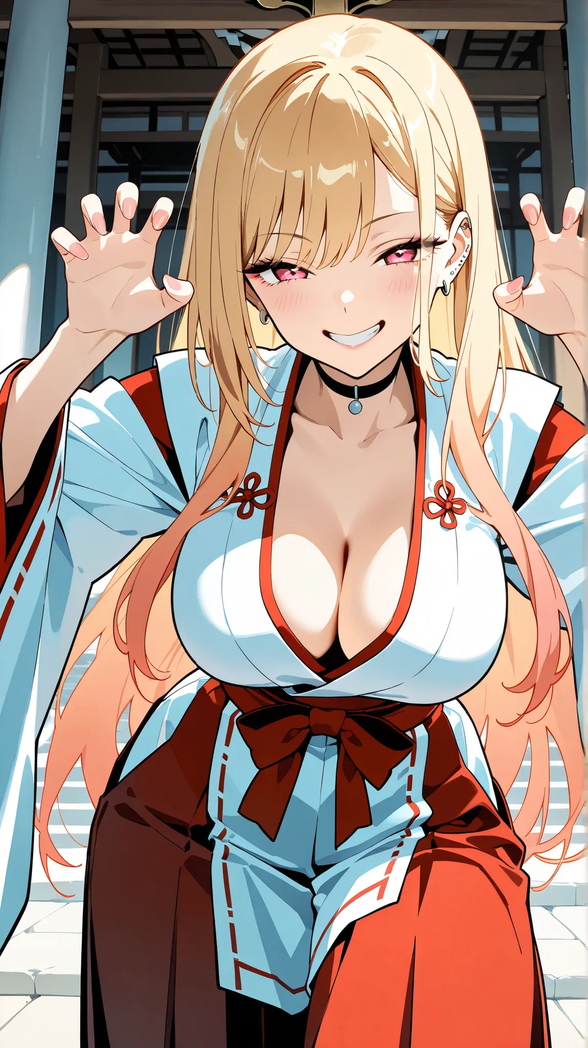 (highest quality:1.2, Anime artwork, Very detailed, High Detail, digital coloring, High Contrast, masterpiece:1.2, highest quality, Best aesthetics), 1girl, (kitagawa marin), medium breast, cleavage, clothed shrine maiden outfit, red hakama (e.g. worn by m...