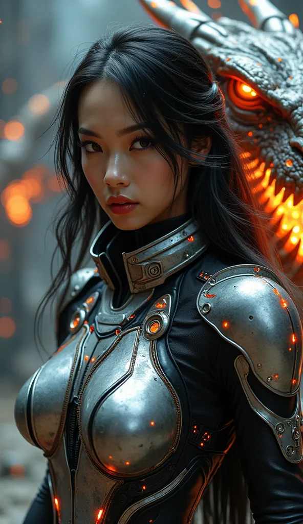 A futuristic, cyberpunk-style vietnamese female warrior with long, flowing dark hair and striking, delicate facial features including expressive eyes, a small nose, and soft lips. She wears a sleek, form-fitting, high-tech fire silver and black armored exo...