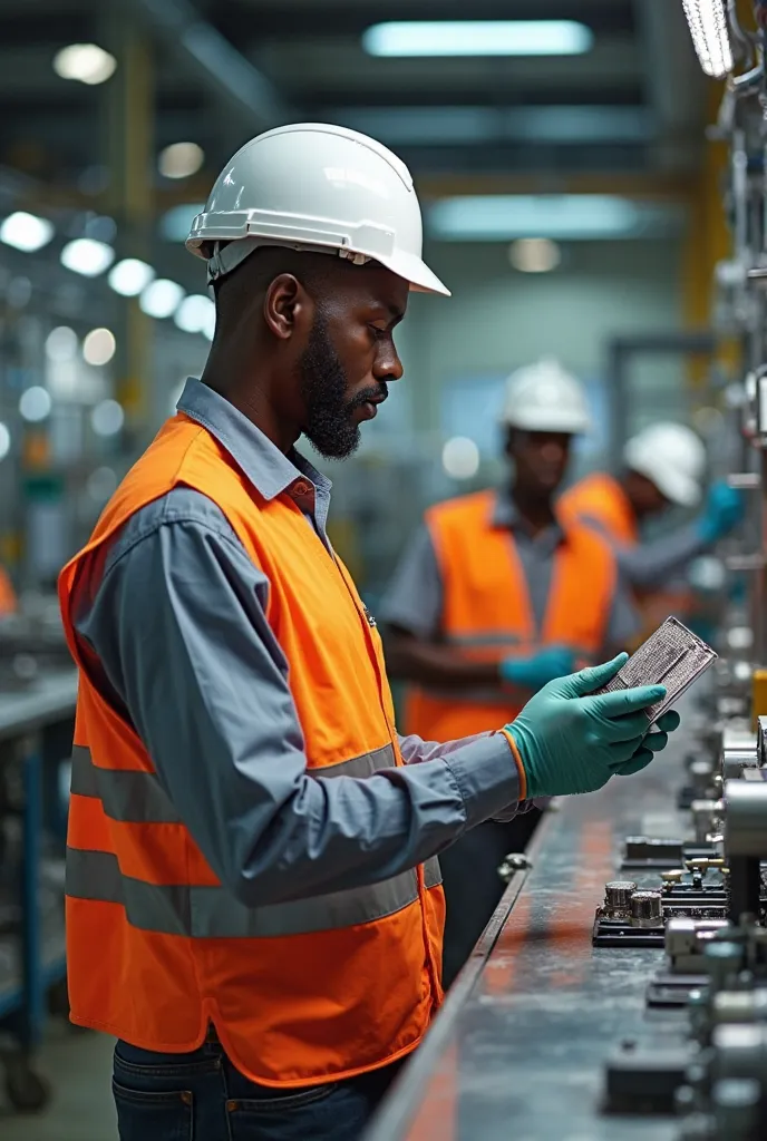 A Ghanaian male factory worker in a high-visibility vest and safety helmet carefully inspecting a product on an assembly line. He holds the product up to the light, examining it with a focused expression. Other workers are seen in the background performing...