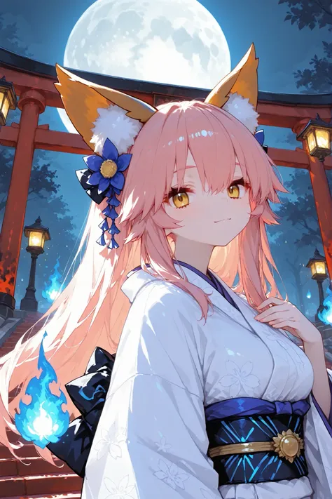AIU,trk,illustration,1girl\(tamamo \(fate\),shiny skin,wearing elegant white kimono,standing\),mystical festival night, glowing floating lanterns, countless red torii gates, golden lights reflecting on her hair and kimono, ghostly blue flames,large full mo...