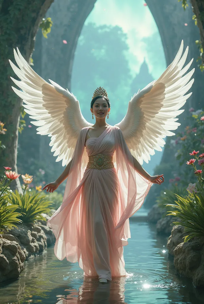 Full-body wide-angle shot, Digital Fantasy-Art, At Day, Cheerful lightnin Swan -Woman Having Fun flying, Asian Beauty Queen Body Big-Breastsed-Woman, Lightning White Big-Wings, Light-Pink Ancient Thai costume Thai style, Ancient Thai Jewelry, Posing in a m...