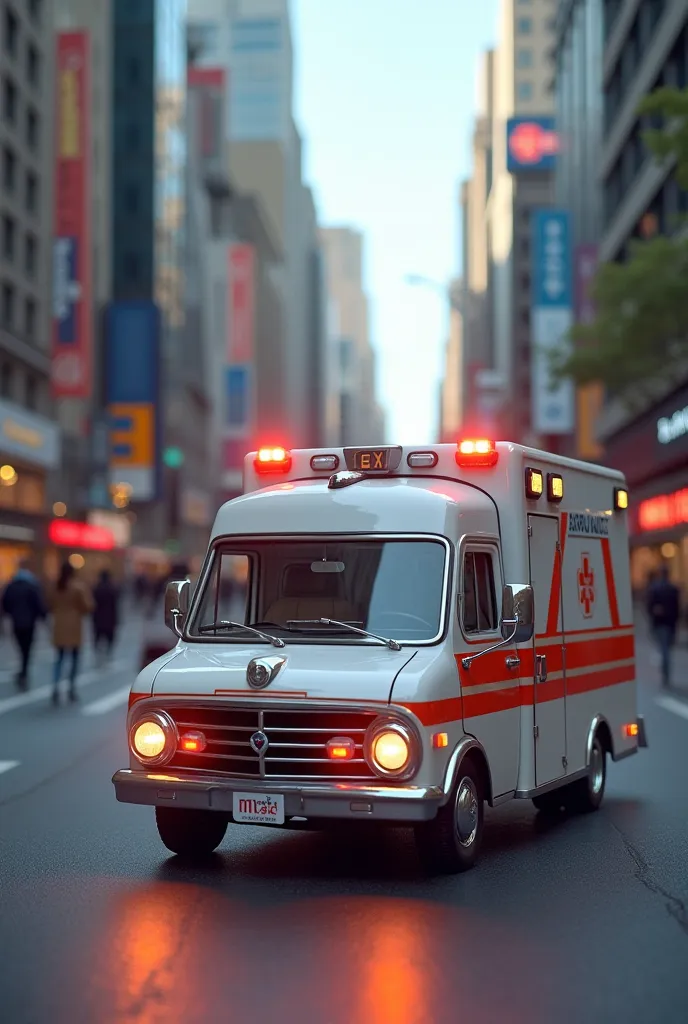 massage table in the shape of an ambulance car with a city street in the background